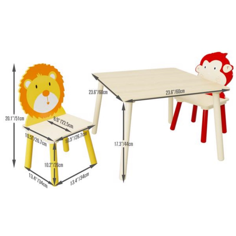 Kids Table And 2 Chairs Set, 3 Pieces Toddler Table And Chair Set, Wooden Activity Play Table Set -Lion&Monkey