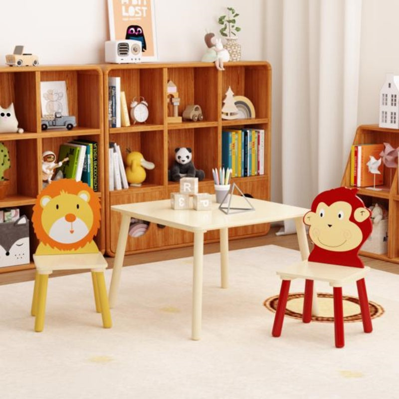 Kids Table And 2 Chairs Set, 3 Pieces Toddler Table And Chair Set, Wooden Activity Play Table Set -Lion&Monkey