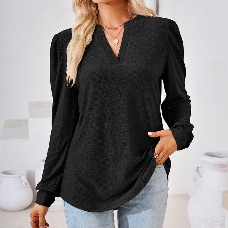 Women's Puff Sleeve V-Neck Blouse, Loose Long Sleeve Casual Work Top