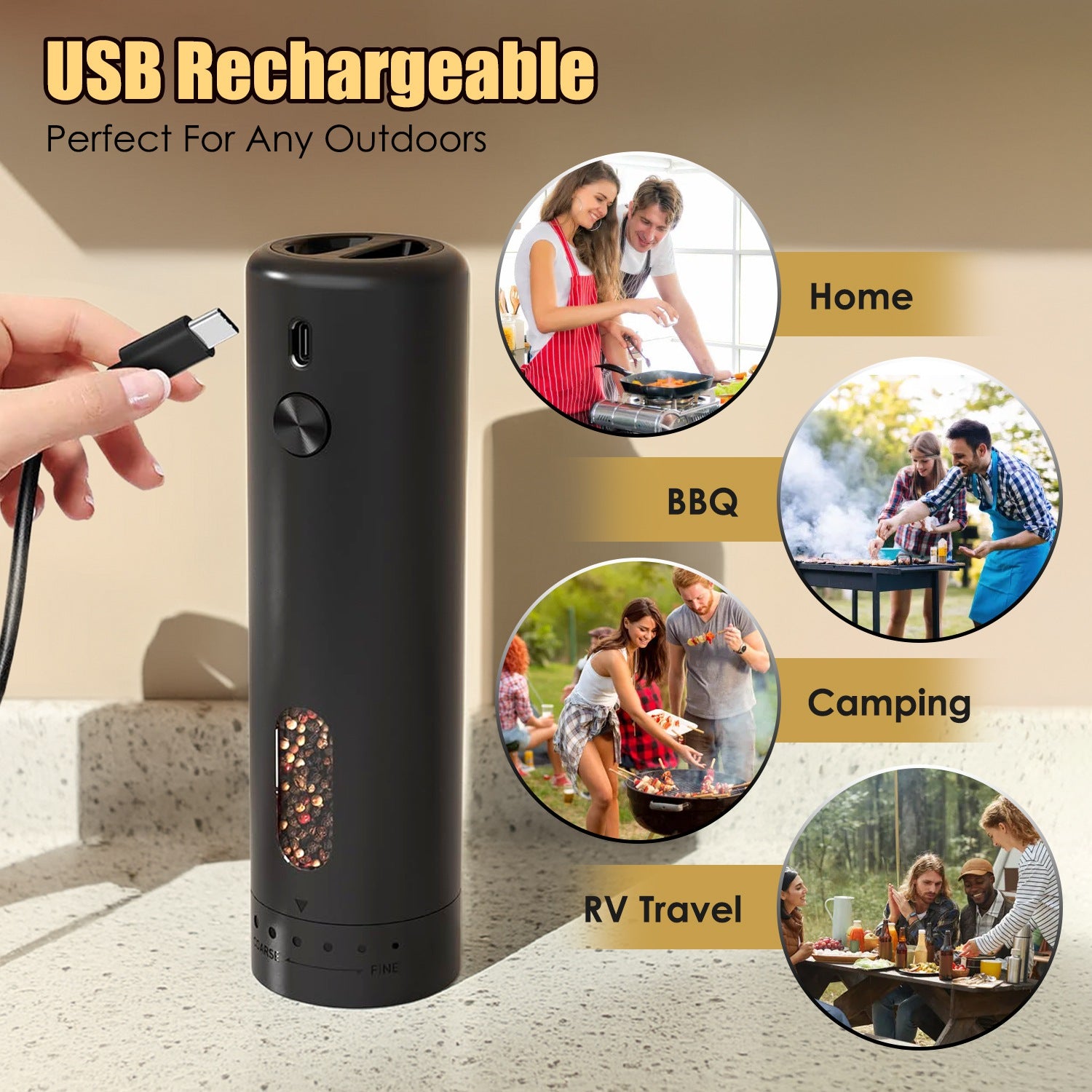 1Pc  Electric Pepper Grinder USB Rechargeable Pepper Mill Automatic Salt Grinder With 6 Adjustable Coarseness LED Light 110ML Container One Hand Operation For Kitchen Essential