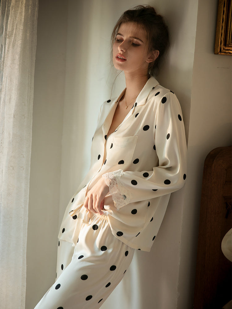 Pajamas With Real Silk Lace Border Dots