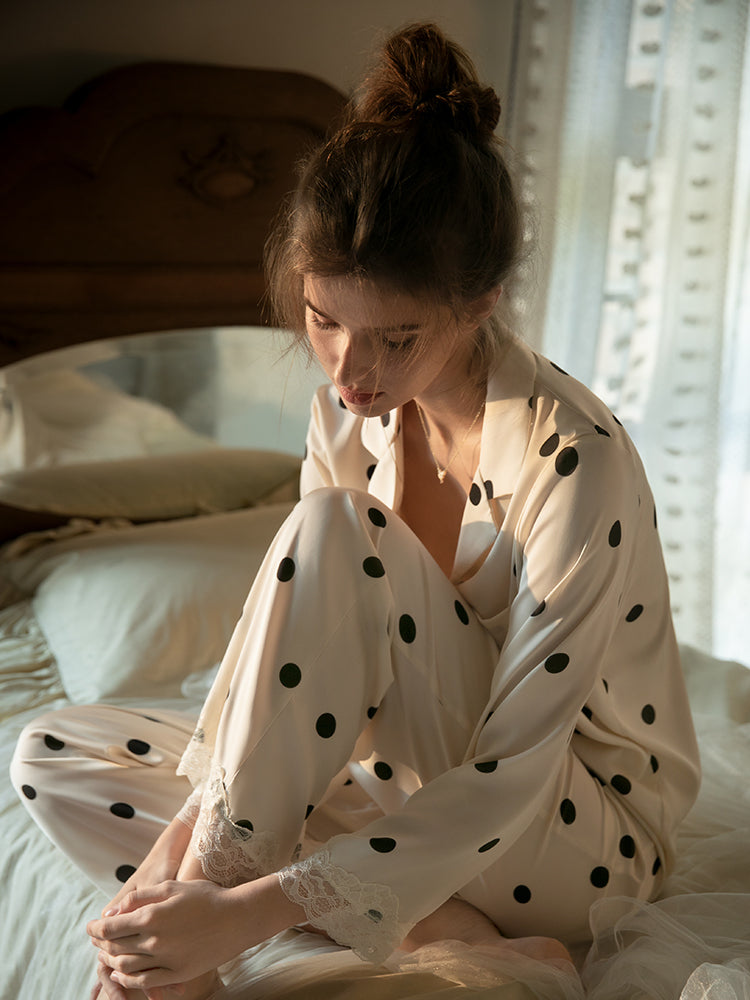 Pajamas With Real Silk Lace Border Dots