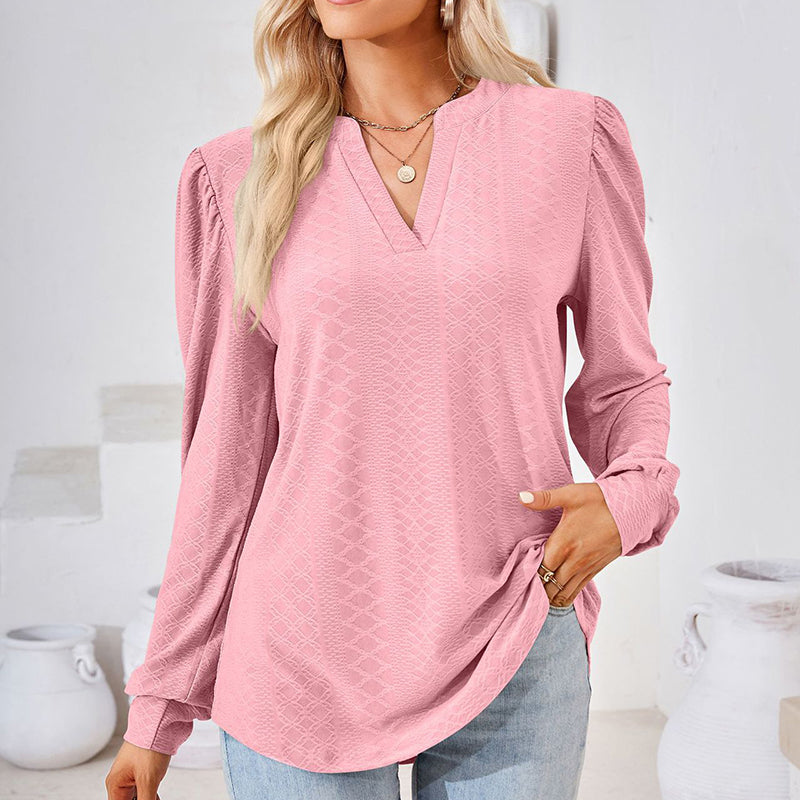 Women's Puff Sleeve V-Neck Blouse, Loose Long Sleeve Casual Work Top