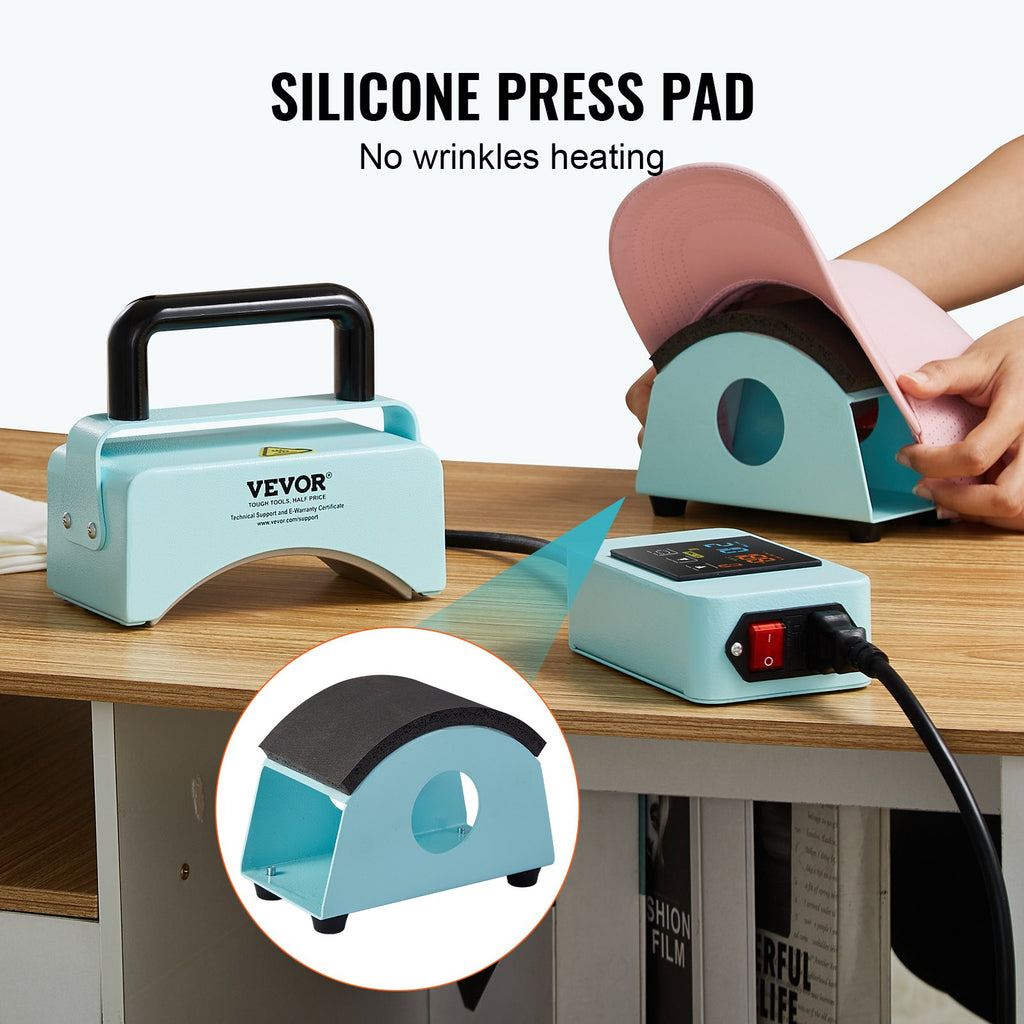 Hat Press Machine, Mini Hat Heat Press For Caps With Integrated Control Panel, Cap Heat Press Machine With 5.9x3.15 Inch Curved Heating Plate, Safety Base, And Glove, Automatic Shut-Off, Green