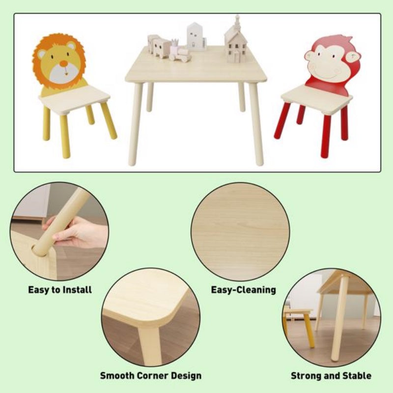 Kids Table And 2 Chairs Set, 3 Pieces Toddler Table And Chair Set, Wooden Activity Play Table Set -Lion&Monkey