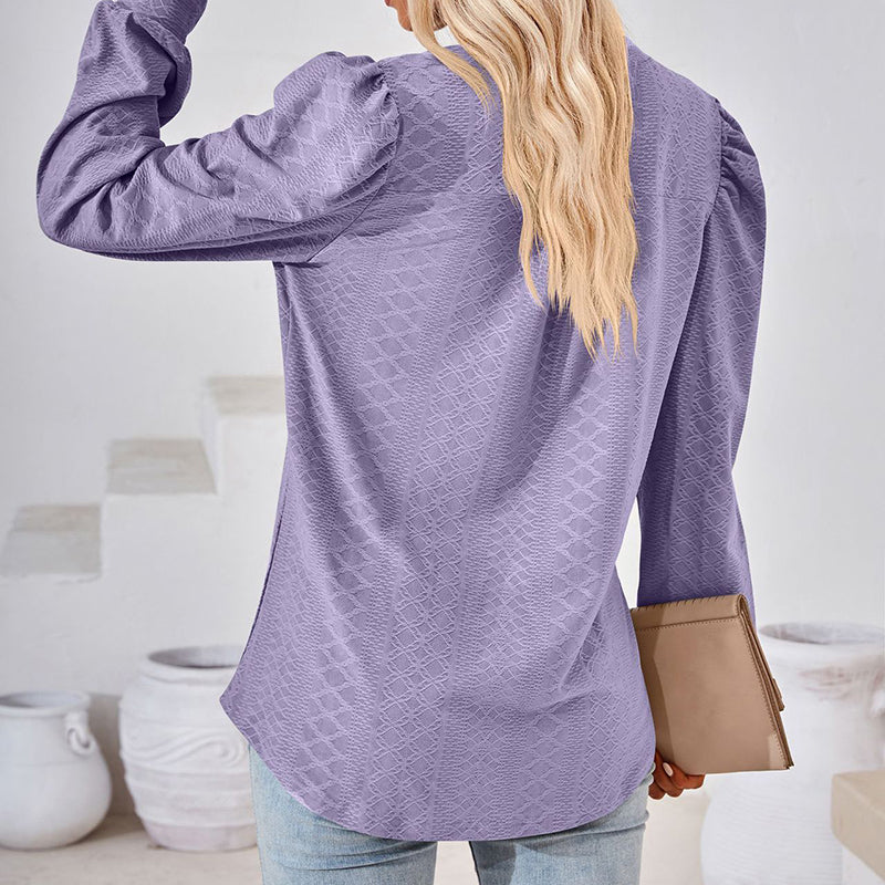 Women's Puff Sleeve V-Neck Blouse, Loose Long Sleeve Casual Work Top