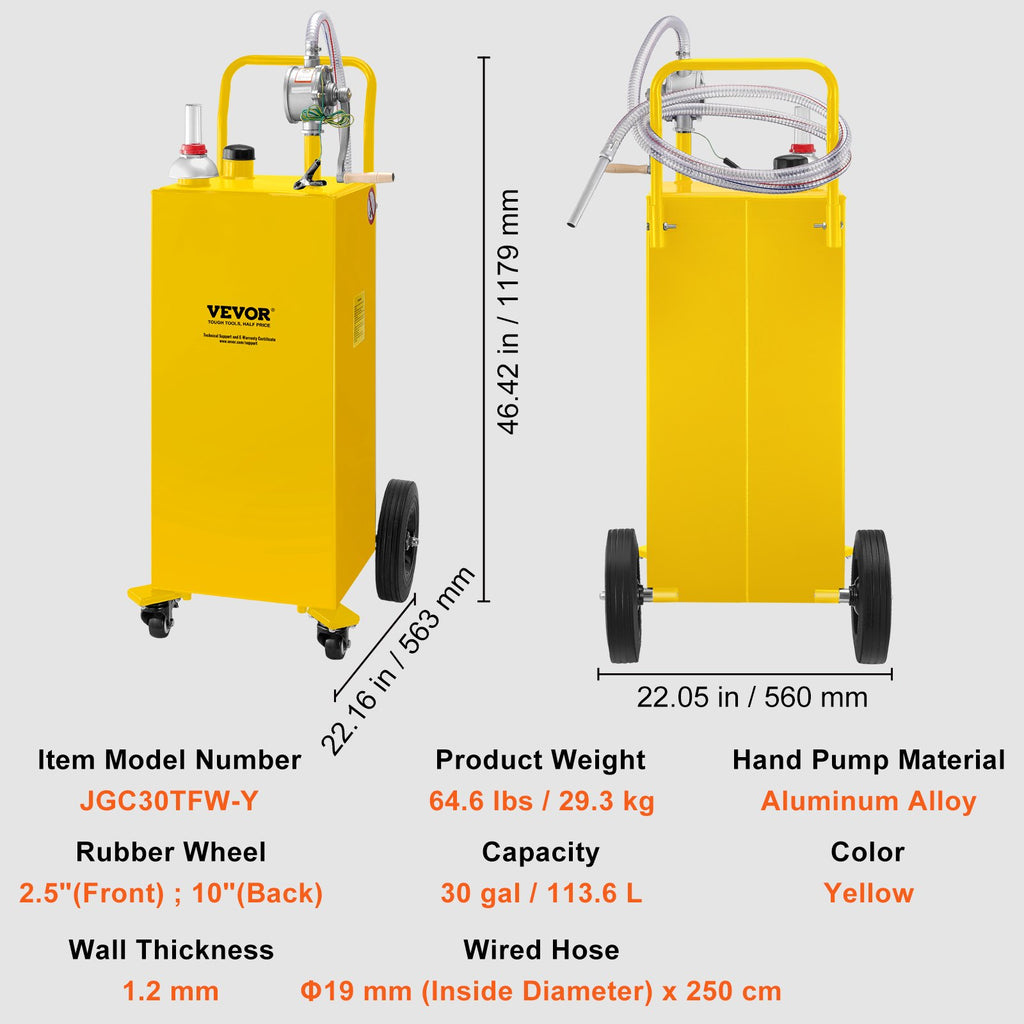 VEVOR 30 Gallon Fuel Caddy, Gas Storage Tank  4 Wheels, With Manuel TransferPump, Gasoline DieselFuel Container For Cars, Lawn Mowers, ATVs, Boats, More, Yellow