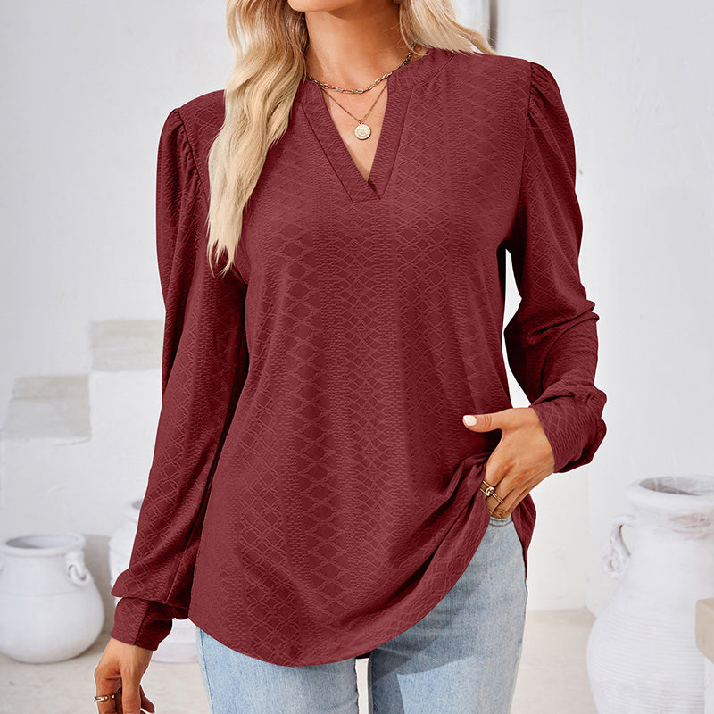 Women's Puff Sleeve V-Neck Blouse, Loose Long Sleeve Casual Work Top