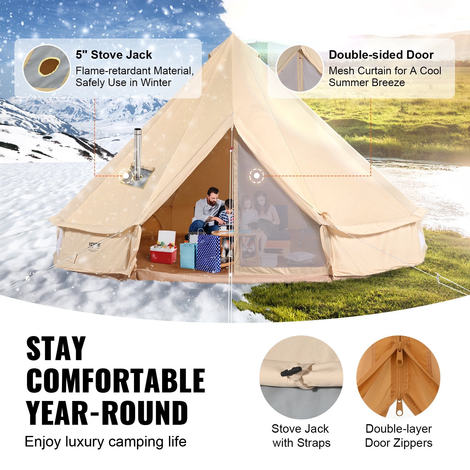 12 Person Canvas Glamping Bell Tent, Breathable Waterproof Large Yurt Tent With Stove Jack And Detachable Side Wall For Family Camping, 23'x23'x137"(Diameter 7M)