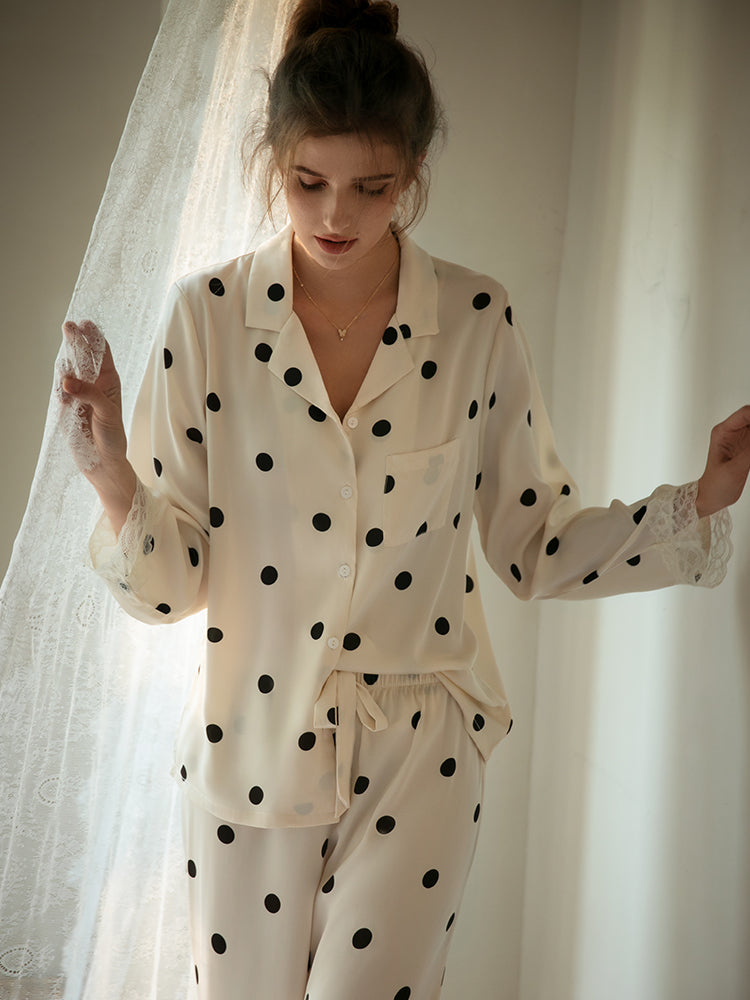 Pajamas With Real Silk Lace Border Dots