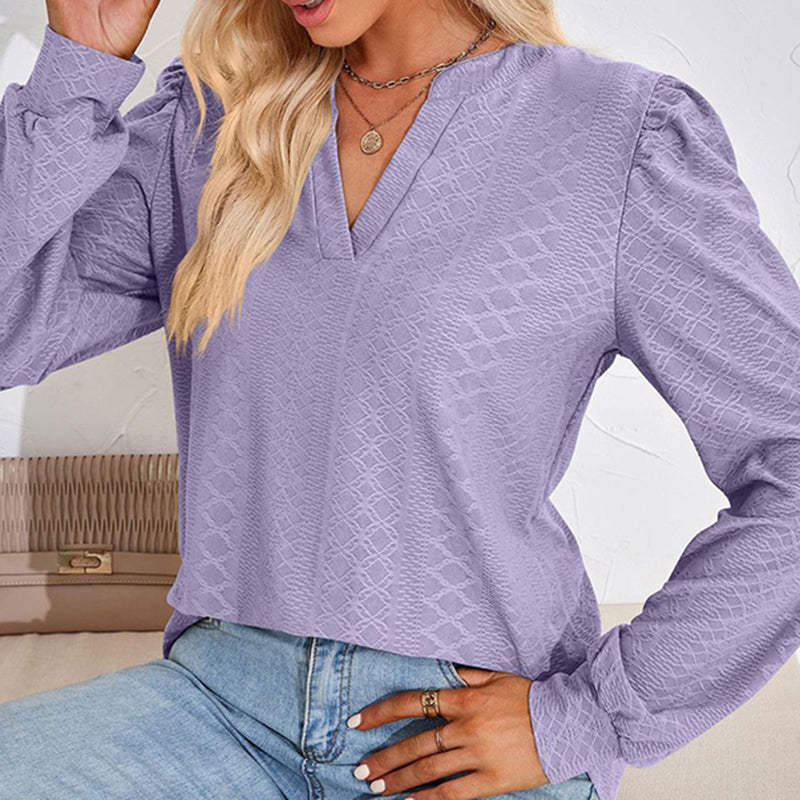 Women's Puff Sleeve V-Neck Blouse, Loose Long Sleeve Casual Work Top