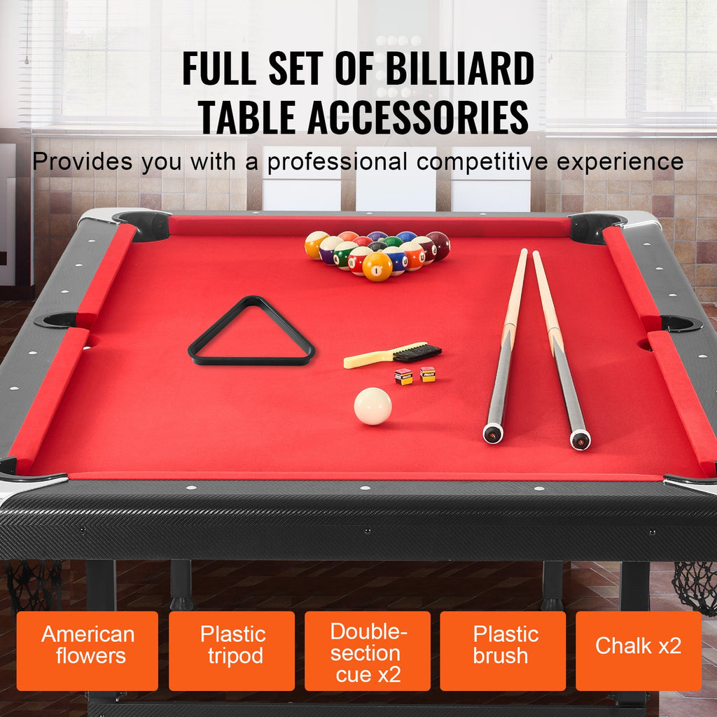 Billiards Table, 7 Ft Pool Table, Portable Foldable Space-Saving Table, Billiard Table Set Includes Balls, Cues, Chalks And Brush, Black With Red Cloth, Perfect For Family Game Room Kids Adults