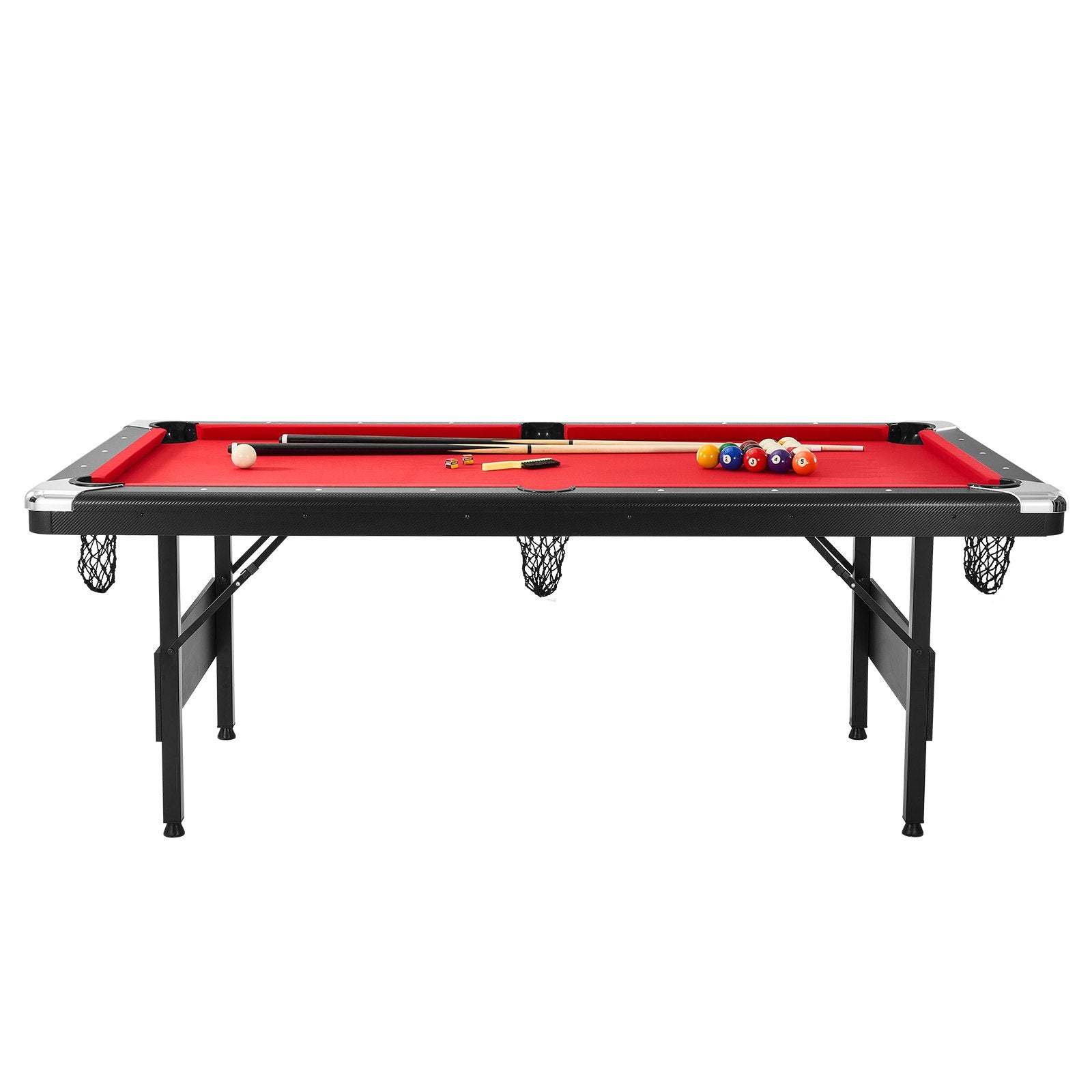 Billiards Table, 7 Ft Pool Table, Portable Foldable Space-Saving Table, Billiard Table Set Includes Balls, Cues, Chalks And Brush, Black With Red Cloth, Perfect For Family Game Room Kids Adults