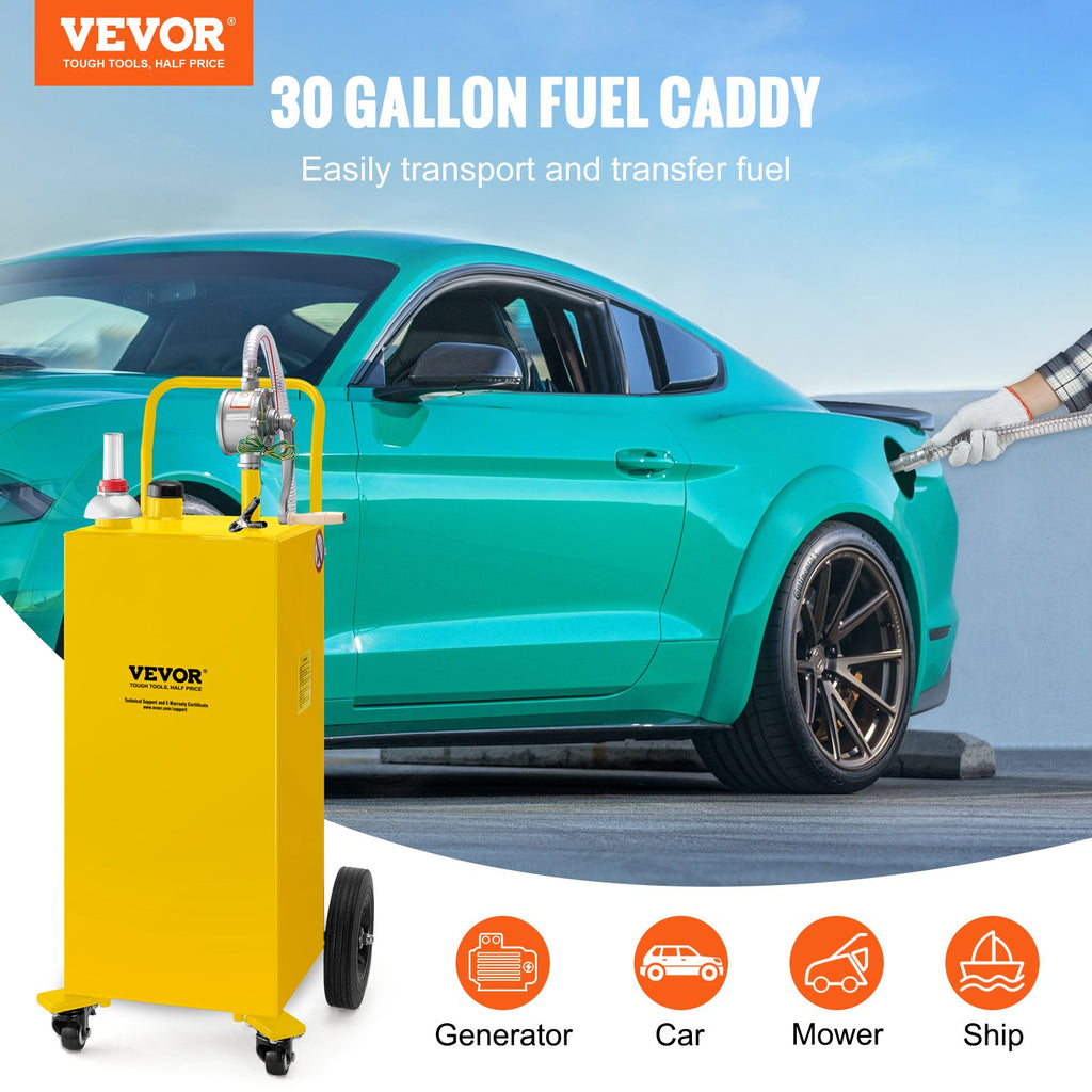 VEVOR 30 Gallon Fuel Caddy, Gas Storage Tank  4 Wheels, With Manuel TransferPump, Gasoline DieselFuel Container For Cars, Lawn Mowers, ATVs, Boats, More, Yellow