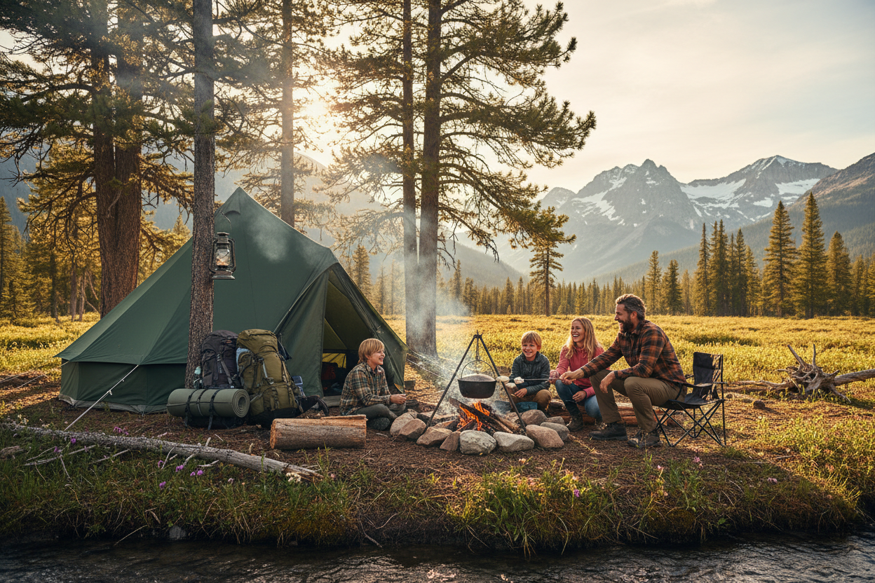 Family camping off-grid 