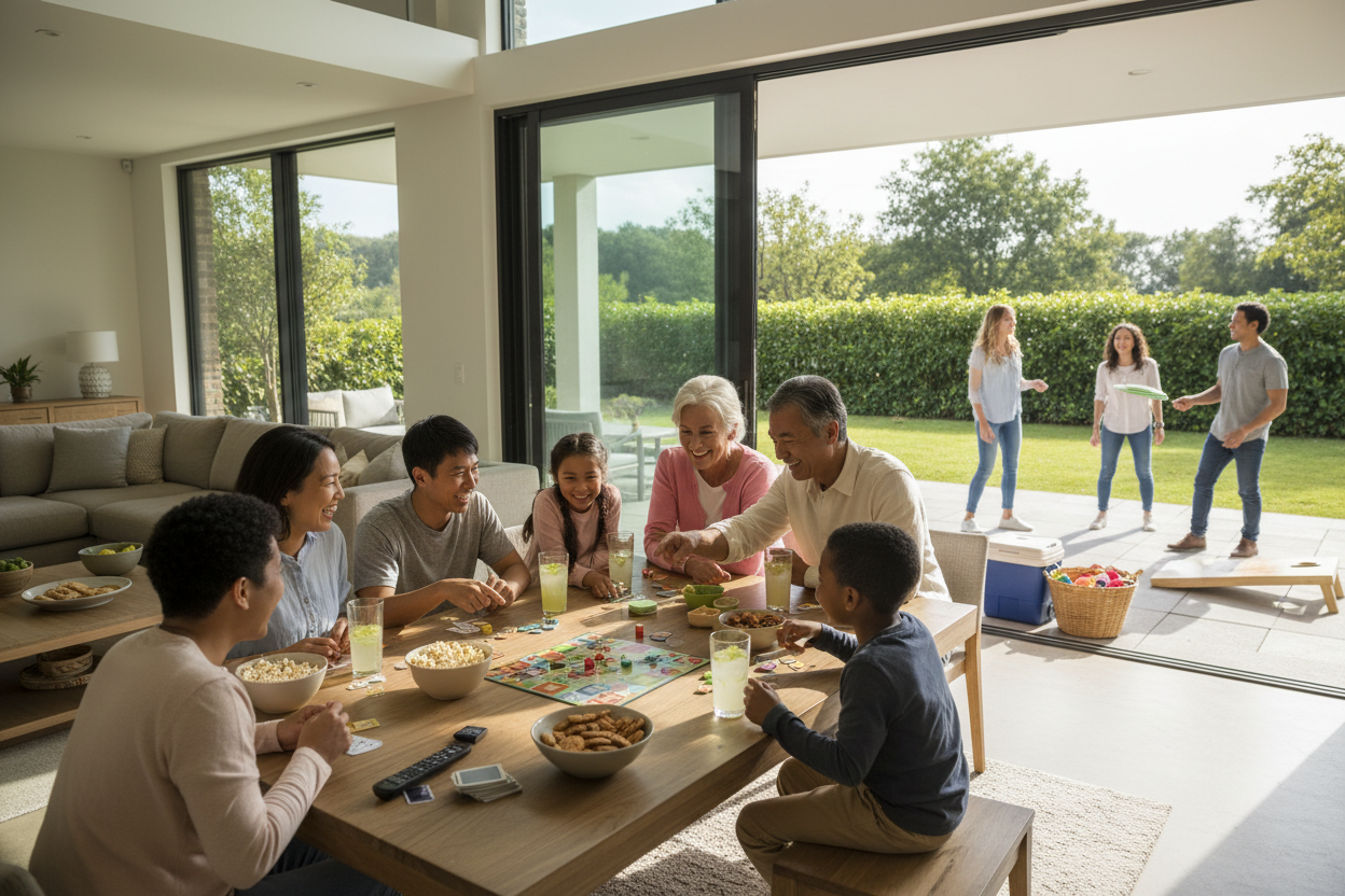 Mixed family having indoor outdoor gaming and snacks 